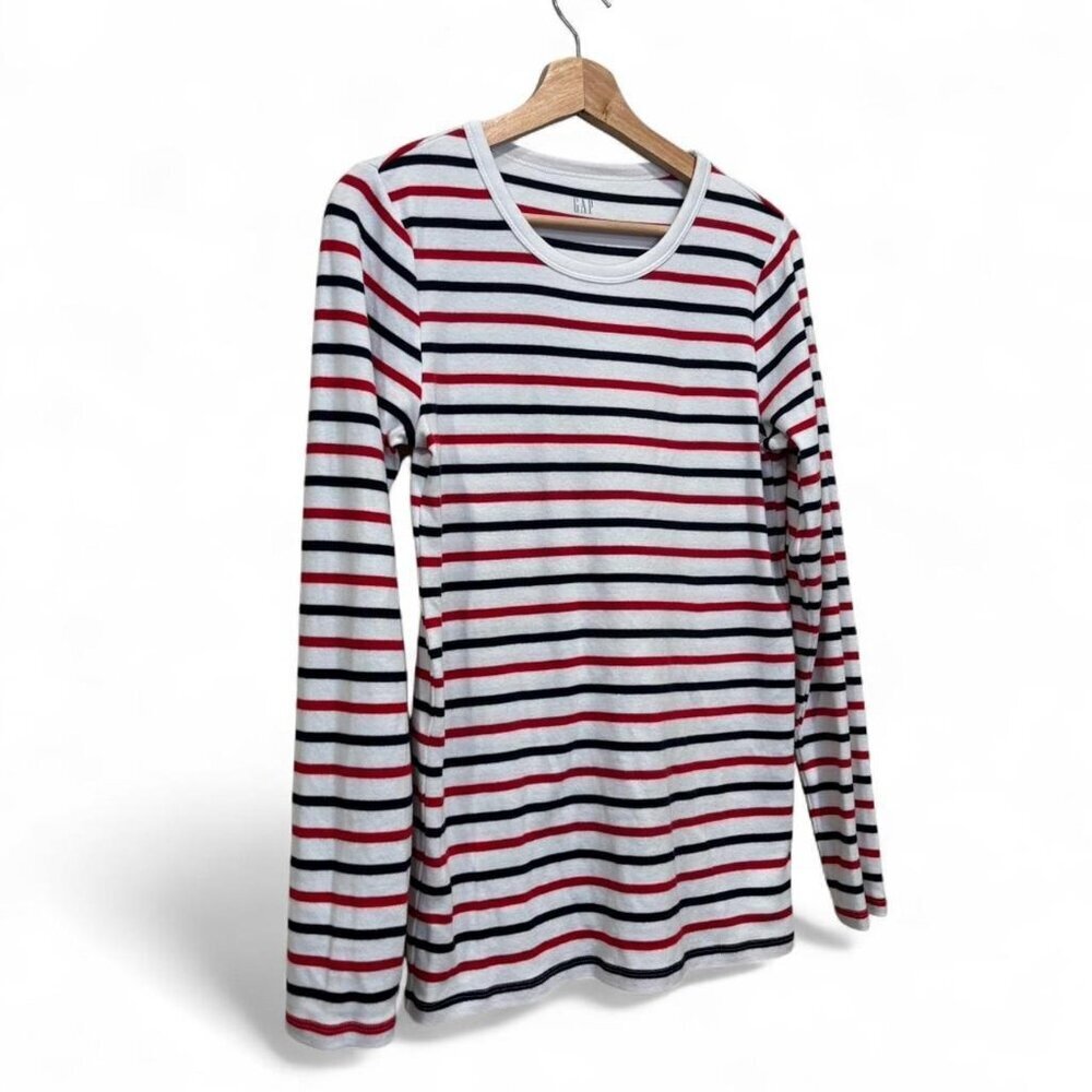 GAP Long Sleeve Crewneck Tee in White with Red and Black Stripes